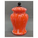Orange & White Swirl Art Glass Jar w/ Lid, 6 in