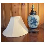 Blue and White Porcelain Lamp, 18" Base, Shade