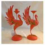 Pair Red Metal Flamingo Candle Holders