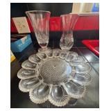 Cut Glass Egg Plate and 2 Crystal Vases
