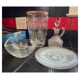 Cut Glassware Lot: Vase, Bowl, Decanter