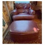 Burgundy Leather Armchair With Ottoman