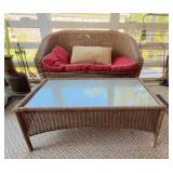 Plastic Wicker Love Seat, Two Chairs, Coffee Table