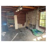 Garage Tools, Rake, Wheelbarrow, Shelving Lot