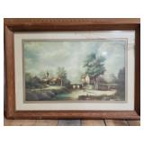 Rural Landscape Lithograph Print With Wood Frame