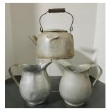 Two Tin Pitchers & Tin Tea Kettle