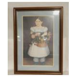 "Girl with Basket of Flowers" in Wooden Frame