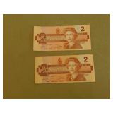 2 Vintage Canadian 2 Dollar bills