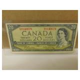 1954 Canadian $20 Bank Note- Error Cut