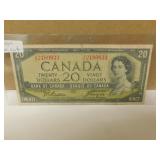 1954 Canadian $20 Bank Note- Error Cut