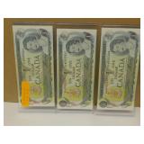 3 - Sequential 1973 Canadian One Dollar Bank notes