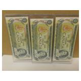 3 - Sequential 1973 Canadian One Dollar Bank notes