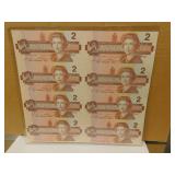 8 - 1986 Two Dollar Canadian Uncut Bank Notes