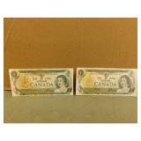 2 - 1973 Canadian One Dollal Bank Notes