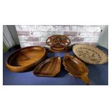 (5 PCS) 1 HAND-WOVEN BASKET, 3 WOODEN BOWLS  &