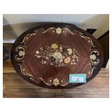 VINTAGE OVAL INLAID MUSIC BOX TABLE, WORKING,