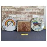 (3 PCS) VINTAGE THERMOMETER, WALL CLOCK & FRAMED
