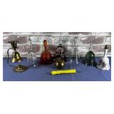 (8) BELLS - 5 GLASS, 2 BRASS, 1 CERAMIC