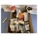 BOX LOT: ASSORTED HINGES, HOOKS, SUCTION CUPS,