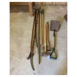 (8 PCS) ASSORTED YARD TOOLS  & HANDLES - SHOVELS,