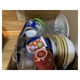 BOX LOT: ASSORTED GLASSES, MUGS, PLATES, BOWLS,
