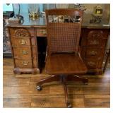 DESK WITH 7 DRAWERS, GLASS TOPPER & ROLLING CHAIR
