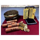 TIN WITH ASSORTED COINS & COIN WRAPPERS -