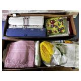 (2 BOXES) ASSORTED KITCHEN TOWELS, LINENS, POT