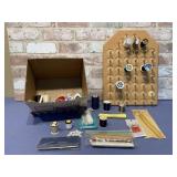BOX LOT OF SEWING SUPPLIES & THREAD BOARD