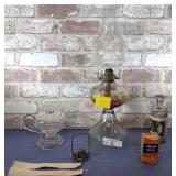 ANTIQUE OIL LAMP, 18"T & BOX OF OIL LAMP PARTS -