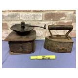 VNTG WOOD/METAL COFFEE GRINDER & SAD IRON