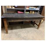 VNTG WOOD LAB TABLE W/ METAL- CAPPED  FEET
