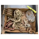 COLLECTION OF CAST IRON BLOCK N TACKLE PULLEYS