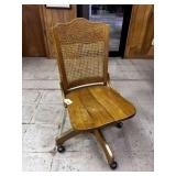 WOODEN OFFICE CHAIR, CARVED WOOD & WOVEN BACK