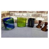 5 PCS OF COLORED GLASS: PAIR OF AMBER CANDLESTICKS
