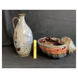(2 PCS) GLAZED POTTERY - 1 VINTAGE DIPPED JUG,