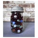 BALL JAR WITH GALVANIZED LID FILLED W/ MARBLES