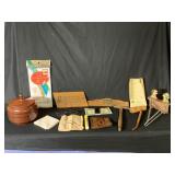 BOX LOT: MANTIQUES - WOODEN TOBACCO JAR,