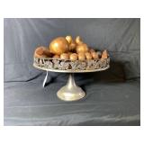 METAL PEDESTAL FRUIT BOWL WITH WOODEN FRUIT