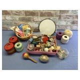 BOX LOT: CRAFT SUPPLIES - CROCHET THREAD, PINS,