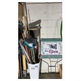GROUP LOT: TRASH CAN, ASSORTED TOOLS, BROOMS,