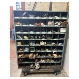 INDUSTRIAL METAL STORAG BIN, CONTENTS & DOLLY