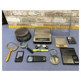 BOX LOT: ASSORTED SCALES & MAGNIFYING GLASSES