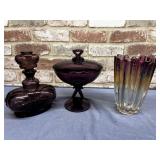 (3 PCS) PURPLE GLASSWARE - 1 BOTTLE W/ STOPPER,