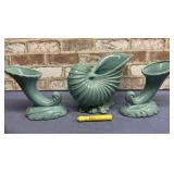 (3 PCS) VINTAGE POTTERY VASES WITH SHELL / HORN