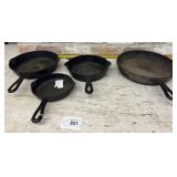 (4 PCS) VINTAGE CAST IRON SKILLETS -