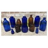 BOX LOT: 9 VINTAGE JARS - COBALT BLUE & AMBER