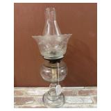 VINTAGE ETCHED GLASS OIL LAMP WITH CHIMNEY