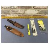 BOX LOT:  2 BUCK KNIVES IN SHEATHS, GUN LOCK AND