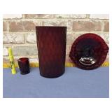 3 PCS RED GLASS ITEMS - 1 AMBERINA VASE
